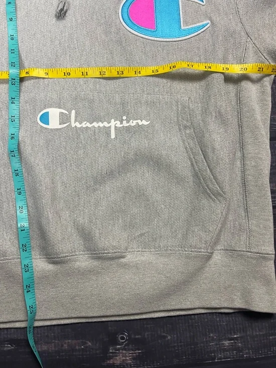 Champion Gray Reverse Weave Neon Multi-Logo Big C Hoodie Size Medium - Picture 4 of 12